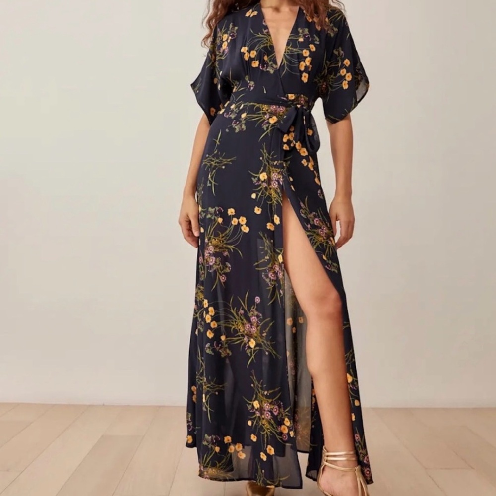Reformation Navy Floral Winslow Wrap Maxi Dress